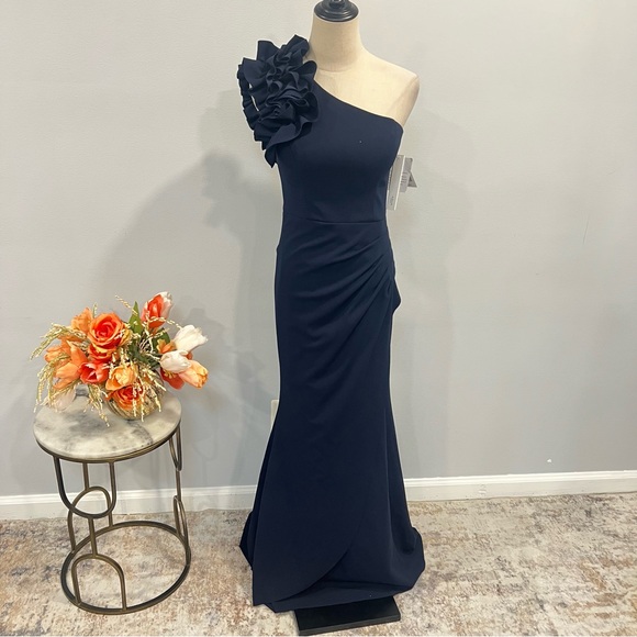 Aqua Dresses & Skirts - Aqua Brand Navy Blue Ruffled One Shoulder Maxi Formal Evening Gown - Reemoly